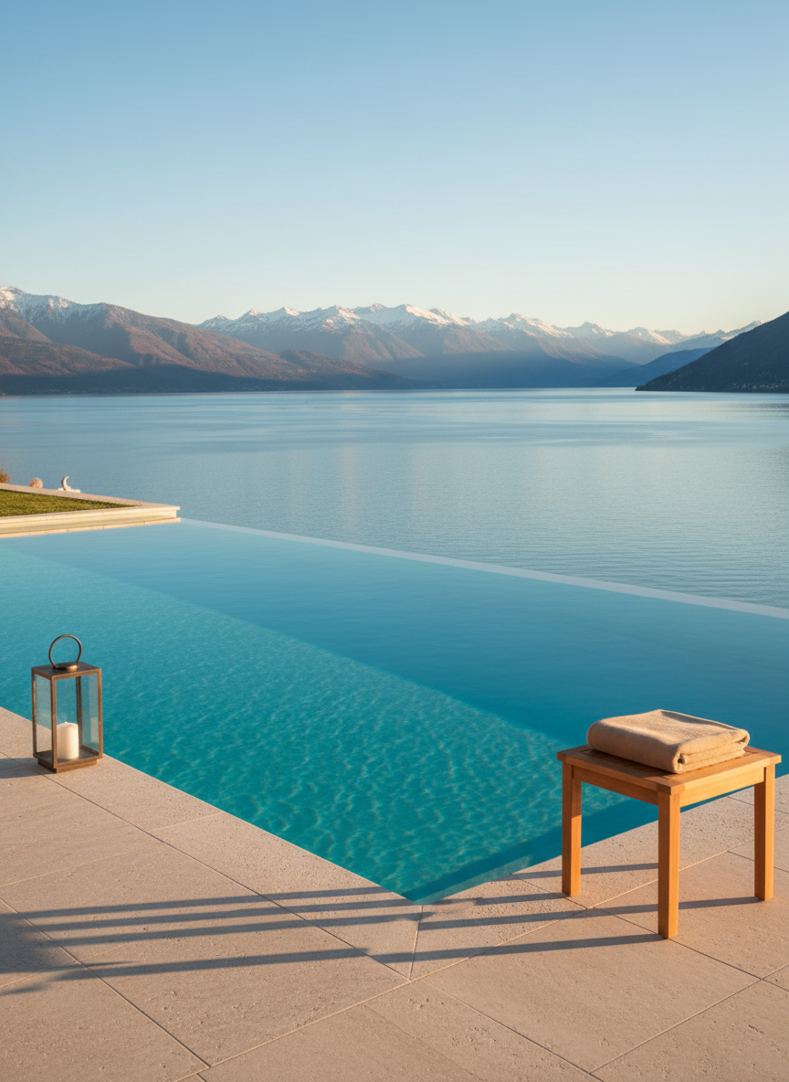 A gleaming infinity pool lined with pale limestone, its water an impossibly clear turquoise that seems to merge seamlessly with a distant, glassy lake and snow-dusted mountains beyond. On the edge of the pool sits a single sculptural bronze lantern and a folded, sand-colored cashmere throw on a low teak side table. Late-afternoon golden hour light bathes the entire scene in a soft, honeyed glow, creating delicate reflections on the water and subtle shadows along the stone. Shot from a slightly elevated angle in photographic realism, with a wide depth of field that captures every refined detail, the mood is serene, exclusive, and timelessly sophisticated.