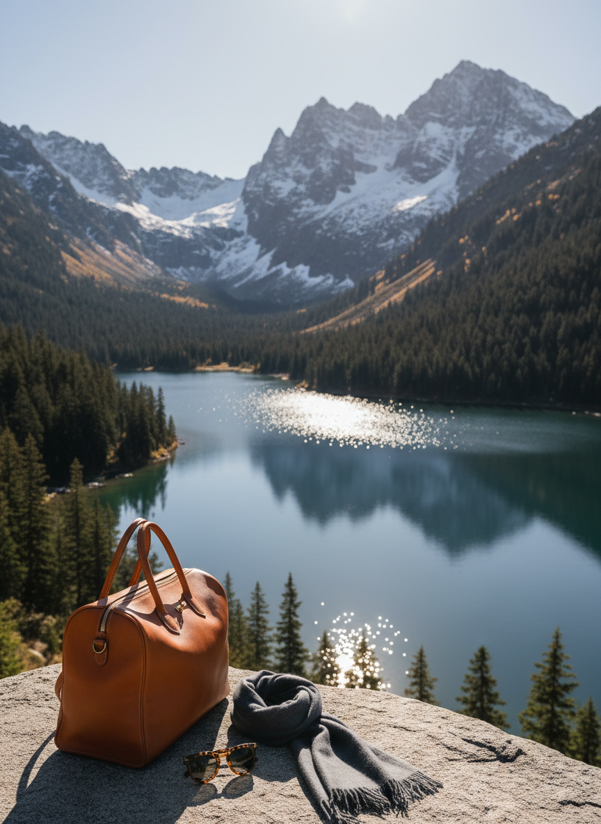 An elevated view of a secluded alpine lake surrounded by dark evergreen forests and dramatic, jagged peaks dusted with snow, all portrayed with crisp photographic realism. In the foreground, on a smooth granite outcrop, rests a neatly arranged still life: a finely crafted leather weekend bag in cognac brown, an elegant pair of tortoiseshell sunglasses, and a folded cashmere scarf in soft charcoal. Early autumn light filters through a high, clear sky, illuminating the mirror-like lake surface and creating diamond-like sparkles. The composition uses asymmetrical balance, with sharp focus on the luxurious accessories while the pristine landscape falls into a gentle, natural bokeh. The mood is contemplative, rarefied, and quietly adventurous, celebrating sophisticated escapes into untouched nature.