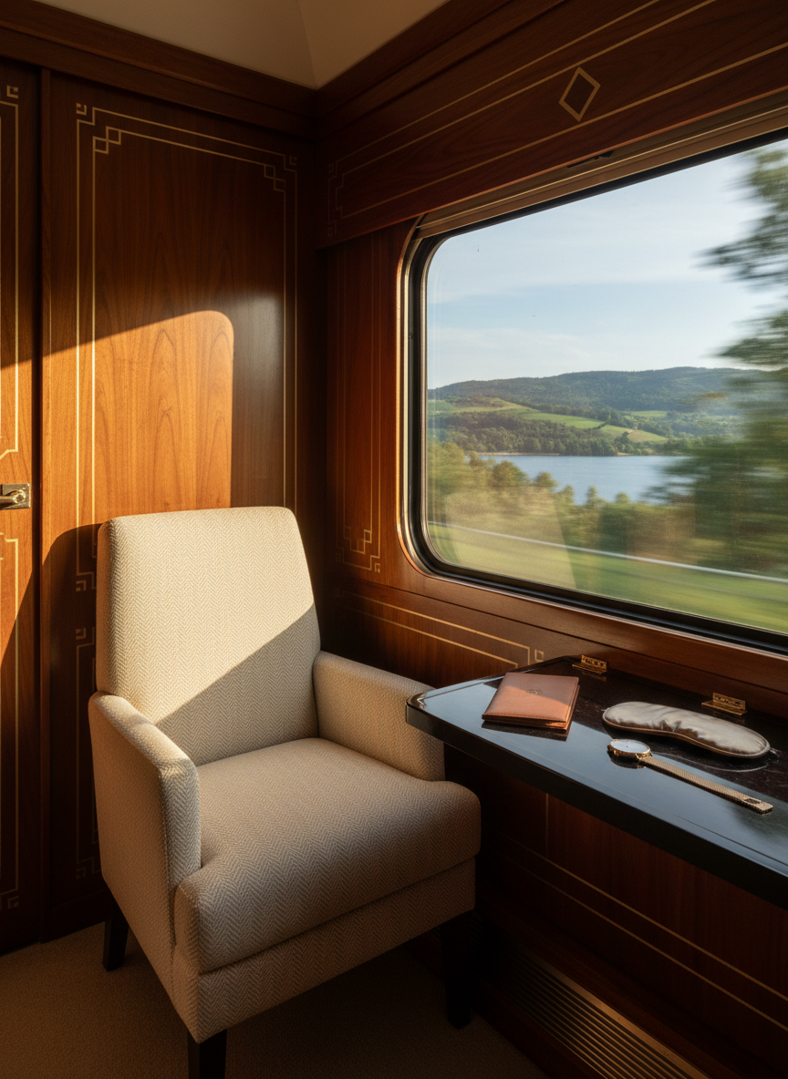A polished vintage-style luxury train cabin interior, rendered in photographic realism, with no people present. Rich walnut paneling, inlaid with delicate brass lines, surrounds a single plush armchair upholstered in cream herringbone fabric. Beside it, a narrow console of glossy ebony wood holds a slim leather passport holder, a silk eye mask in muted champagne, and a minimalist gold watch laid neatly. Through the expansive window, a blurred landscape of emerald hills and a distant cobalt lake sweeps past, conveyed with soft motion blur. Late-afternoon sunlight slants in, catching the textures of the fabrics and wood, casting refined, elongated shadows. Framed using the rule of thirds, the atmosphere suggests slow, indulgent travel and old-world sophistication updated with modern minimalism.