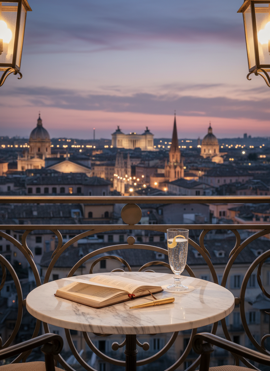 A meticulously styled luxury hotel suite balcony overlooking a glittering historic European city at dusk. In the foreground, a round, small table of veined white marble holds a leather-bound travel journal, a delicate gold fountain pen, and a slender crystal flute of sparkling water with a twist of lemon. Ornate wrought-iron balustrades frame the scene, their curves catching the warm glow of nearby lanterns. Beyond, iconic domes and monuments rise above the skyline in soft focus. The sky is painted in deep indigo and blush tones, with city lights beginning to sparkle. Photographic realism, shot from a seated-eye perspective, with romantic, cinematic lighting that feels intimate, sophisticated, and quietly glamorous.