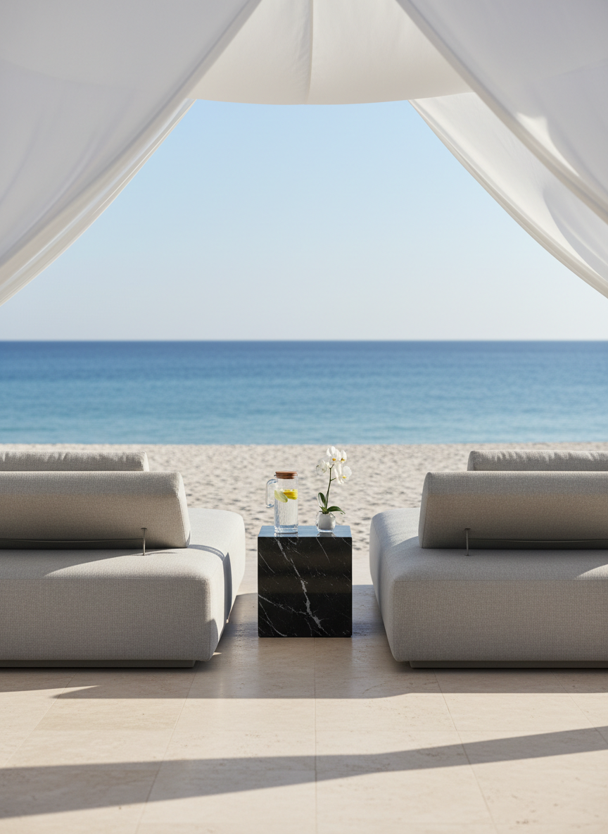 An immaculate private beachfront terrace paved in creamy travertine, opening onto powder-fine white sand and a calm, sapphire-blue sea. Two oversized, low-profile sun loungers in dove-grey linen sit side by side under a billowing white canopy, flanked by a sleek black marble side table holding a crystal carafe of citrus-infused water and a single white orchid stem. Soft early-morning light creates long, elegant shadows and a gentle shimmer across the water. Captured at eye level with photographic realism and a shallow depth of field, the foreground details stay crisp while the horizon melts into a soft blur, evoking an atmosphere of quiet, understated luxury.