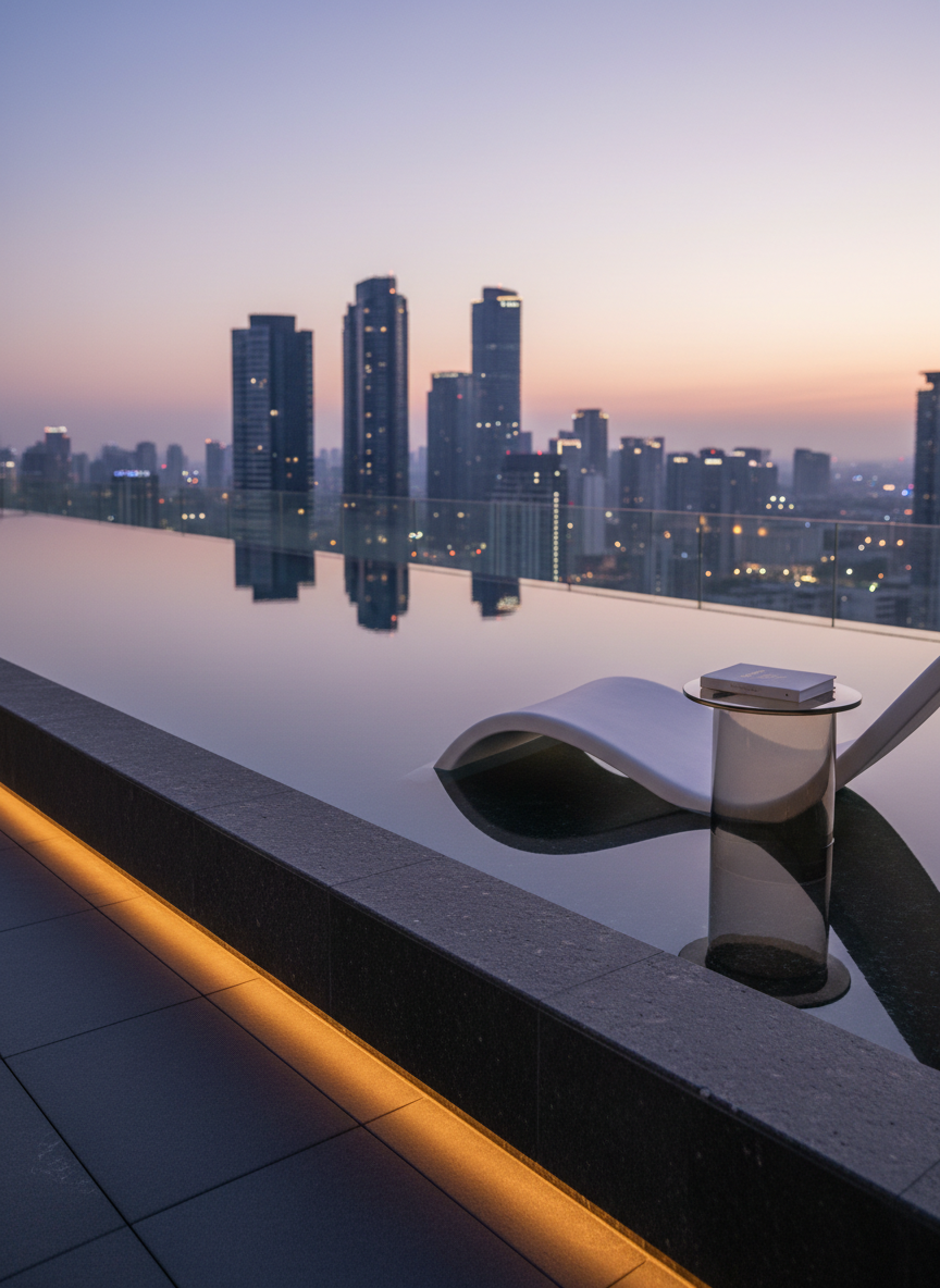 A minimalist rooftop infinity pool atop a sleek urban skyscraper, its water reflecting a dusk sky streaked in lavender and soft coral. The pool’s edge is lined with dark basalt stone and a narrow band of warm, recessed lighting that creates a golden ribbon along the perimeter. A single sculptural chaise in matte white curves elegantly near the edge, beside a low smoked-glass side table holding a closed, linen-bound guidebook embossed with subtle gold lettering. Photographic realism, shot from a low, diagonal angle that leads the eye toward a skyline of illuminated towers in soft focus. The mood is cosmopolitan, exclusive, and quietly dramatic, with gentle ambient city light and subtle reflections amplifying the sense of refined luxury travel.