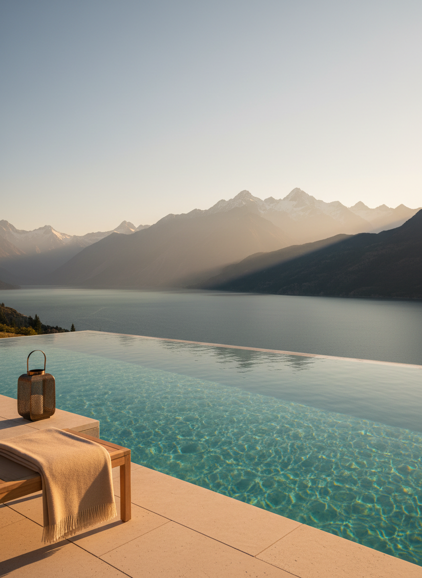 A gleaming infinity pool lined with pale limestone, its water an impossibly clear turquoise that seems to merge seamlessly with a distant, glassy lake and snow-dusted mountains beyond. On the edge of the pool sits a single sculptural bronze lantern and a folded, sand-colored cashmere throw on a low teak side table. Late-afternoon golden hour light bathes the entire scene in a soft, honeyed glow, creating delicate reflections on the water and subtle shadows along the stone. Shot from a slightly elevated angle in photographic realism, with a wide depth of field that captures every refined detail, the mood is serene, exclusive, and timelessly sophisticated.